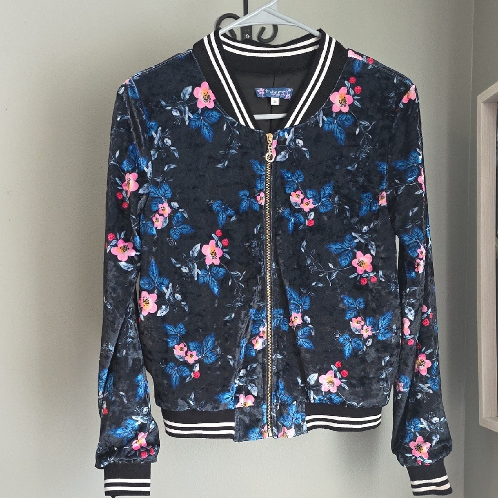 Truly Me Velvet Bomber Jacket with Floral Print Girl's Size XL